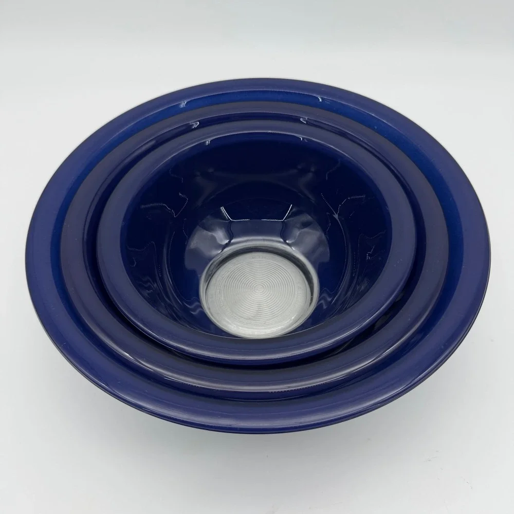 Set of 3 Vintage PYREX Blue Glass Nesting Mixing Bowls Clear Bottoms 322 323 325